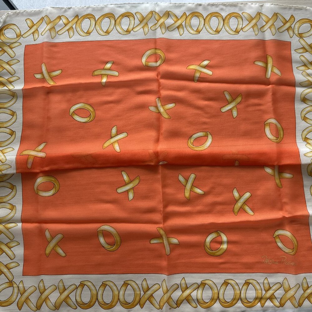 VTG PALOMA PICASSO Hugs & Kisses 100% Silk Scarf 27'' x 28'' Orange &Yellow